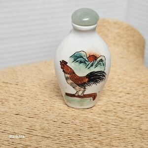 Vintage Antique Ceramic Oriental Snuff Bottle with Rooster Design and Stopper
